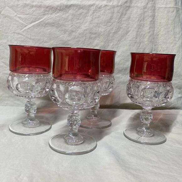 ELEVEN (11) 4" Tall King's Crown Thumbprint Line Cranberry Flashed Wine Glasses - Picture 7 of 7